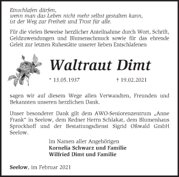 Traueranzeige von Waltraut Dimt von Märkische Oderzeitung