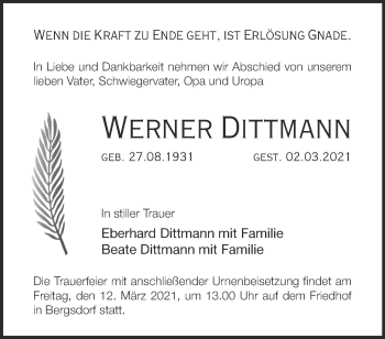 Traueranzeige von Werner Dittmann von Märkische Oderzeitung