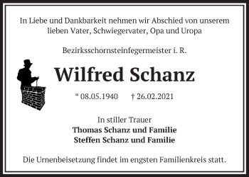 Traueranzeige von Wilfred Schanz von Märkische Oderzeitung