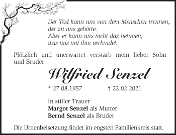 Traueranzeige von Wilfried Senzel von Märkische Oderzeitung