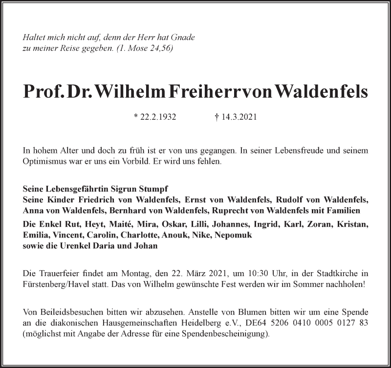  Traueranzeige für Wilhelm Freiherr von Waldenfels vom 18.03.2021 aus Märkische Oderzeitung