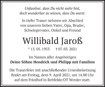 Traueranzeige von Willibald Jaroß von Märkische Oderzeitung