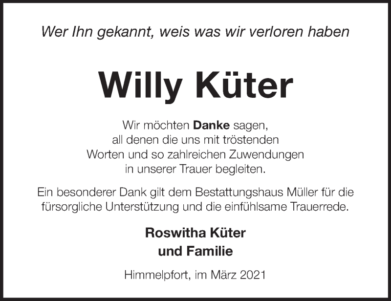  Traueranzeige für Willy Küter vom 04.03.2021 aus Märkische Oderzeitung