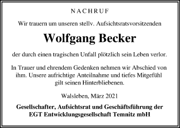 Traueranzeige von Wolfgang Becker von Märkische Oderzeitung