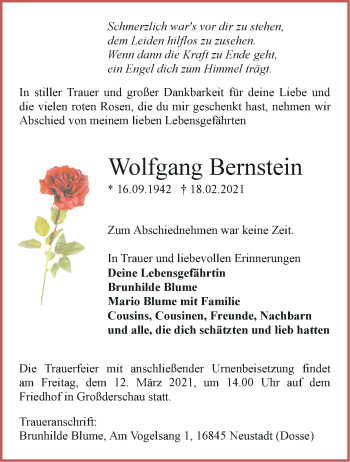 Traueranzeige von Wolfgang Bernstein von Märkische Oderzeitung