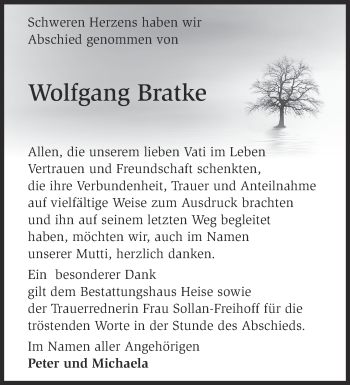 Traueranzeige von Wolfgang Bratke von Märkische Oderzeitung