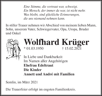 Traueranzeige von Wolfhard Krüger von Märkische Oderzeitung