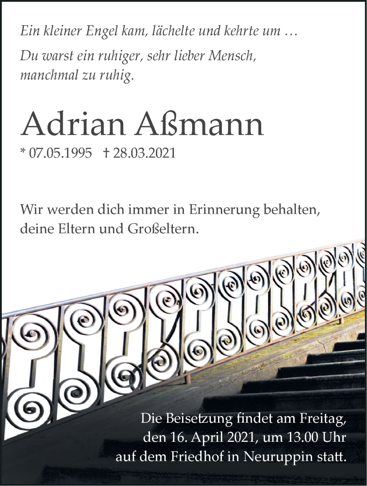  Traueranzeige für Adrian Aßmann vom 10.04.2021 aus Märkische Oderzeitung