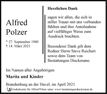 Traueranzeige von Alfred Polzer von Märkische Oderzeitung