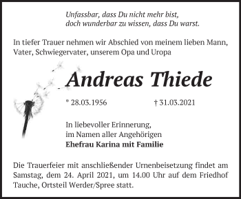 Traueranzeige von Andreas Thiede von Märkische Oderzeitung