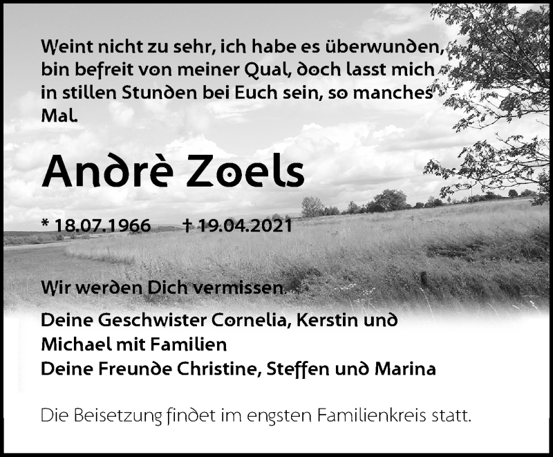  Traueranzeige für André Zoels vom 30.04.2021 aus Märkische Oderzeitung