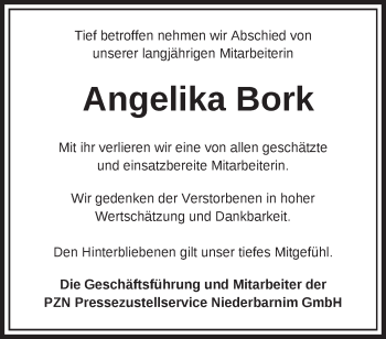 Traueranzeige von Angelika Bork von Märkische Oderzeitung