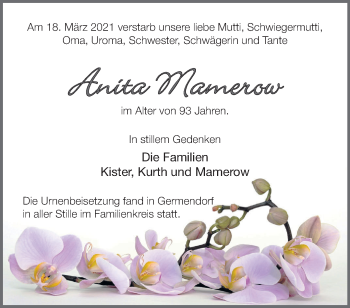 Traueranzeige von Anita Mamerow von Märkische Oderzeitung