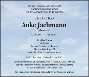 Traueranzeige von Anke Jachmann von Märkische Oderzeitung