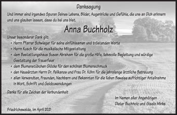 Traueranzeige von Anna Buchholz von Märkische Oderzeitung