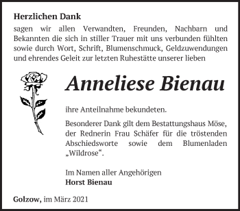 Traueranzeige von Anneliese Bienau von Märkische Oderzeitung