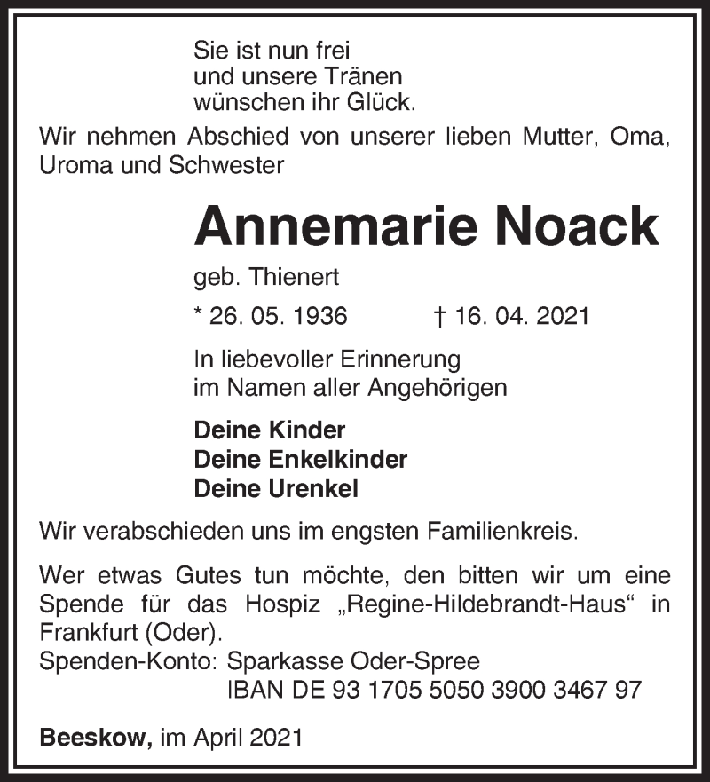  Traueranzeige für Annemarie Noack vom 24.04.2021 aus Märkische Oderzeitung