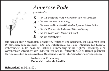 Traueranzeige von Annerose Rode von Märkische Oderzeitung