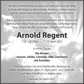 Traueranzeige von Arnold Regent von Märkische Oderzeitung