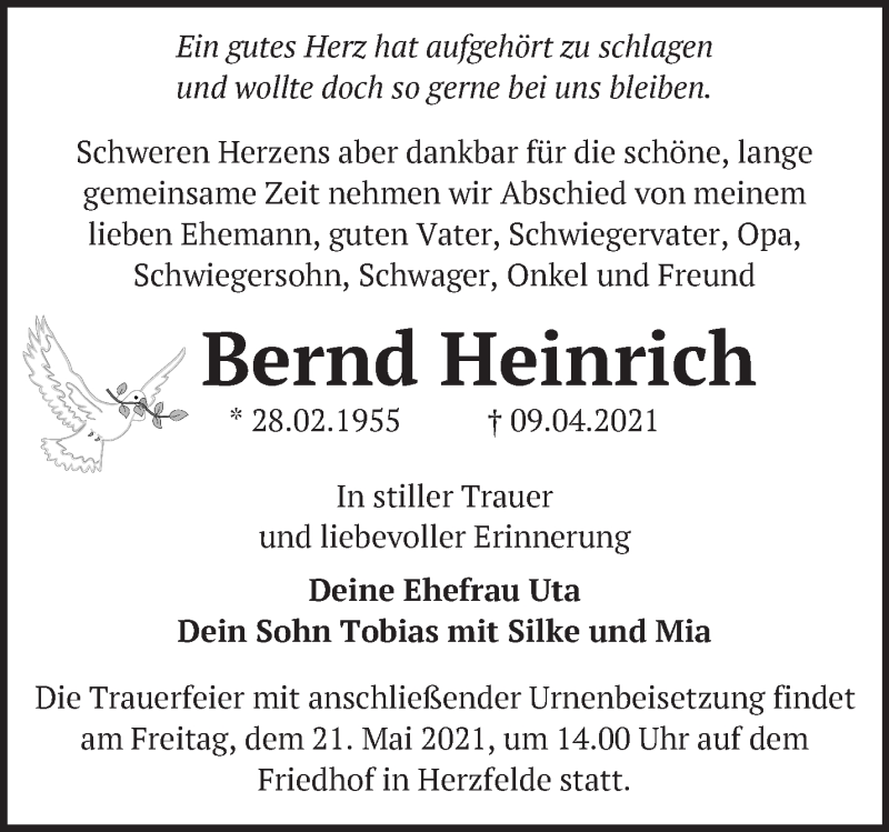  Traueranzeige für Bernd Heinrich vom 24.04.2021 aus Märkische Oderzeitung