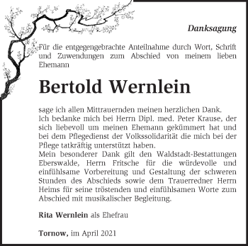 Traueranzeige von Bertold Wernlein von Märkische Oderzeitung