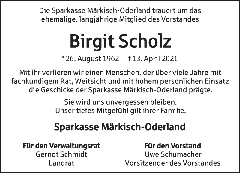  Traueranzeige für Birgit Scholz vom 30.04.2021 aus Märkische Oderzeitung