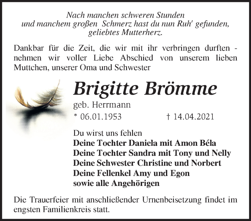  Traueranzeige für Brigitte Brömme vom 24.04.2021 aus Märkische Oderzeitung