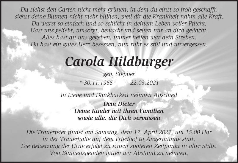  Traueranzeige für Carola Hildburger vom 04.04.2021 aus Märkische Oderzeitung