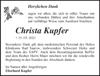 Traueranzeige von Christa Kupfer von Märkische Oderzeitung