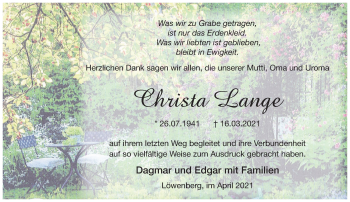 Traueranzeige von Christa Lange von Märkische Oderzeitung