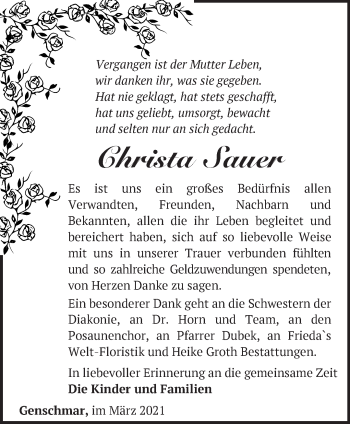 Traueranzeige von Christa Sauer von Märkische Oderzeitung