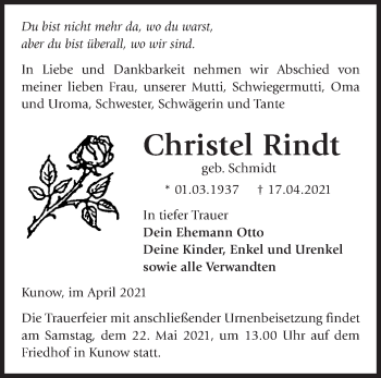 Traueranzeige von Christel Rindt von Märkische Oderzeitung