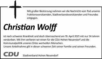 Traueranzeige von Christian Wolff von Märkische Oderzeitung