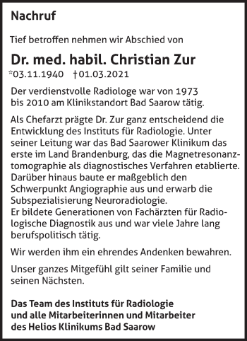 Traueranzeige von Christian Zur von Märkische Oderzeitung