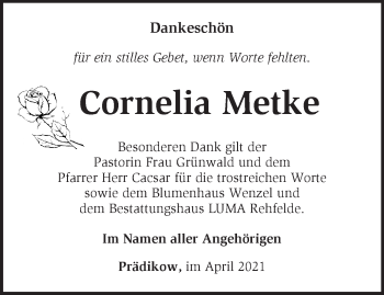 Traueranzeige von Cornelia Metke von Märkische Oderzeitung