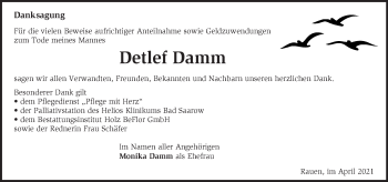 Traueranzeige von Detlef Damm von Märkische Oderzeitung