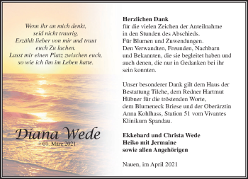 Traueranzeige von Diana Wede von Märkische Oderzeitung