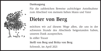 Traueranzeige von Dieter von Berg von Märkische Oderzeitung