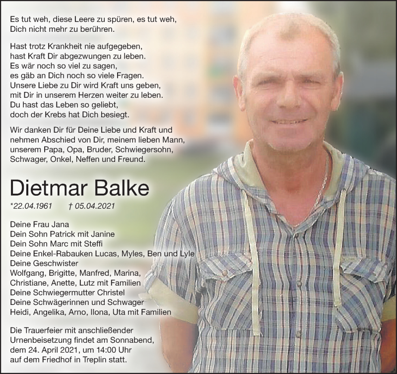  Traueranzeige für Dietmar Balke vom 10.04.2021 aus Märkische Oderzeitung