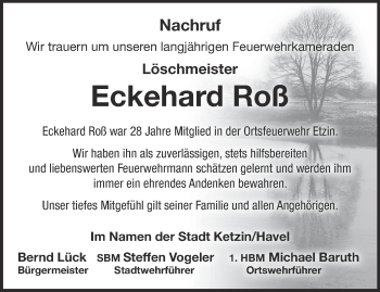 Traueranzeige von Eckehard Roß von Märkische Oderzeitung