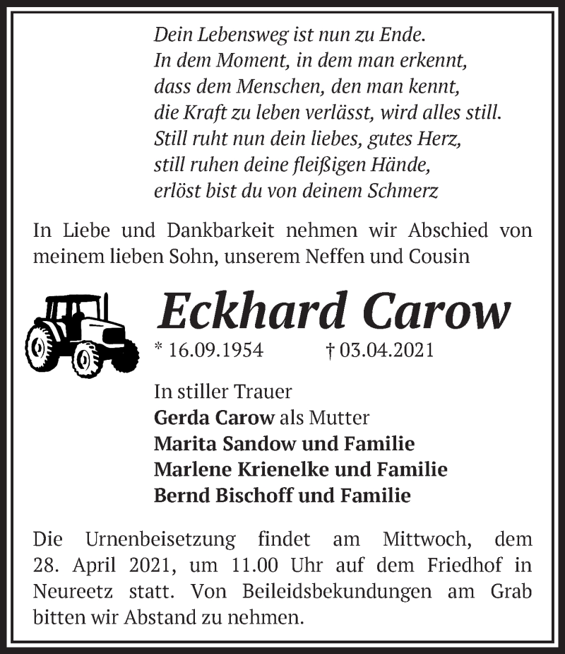 Traueranzeige für Eckhard Carow vom 18.04.2021 aus Märkische Oderzeitung