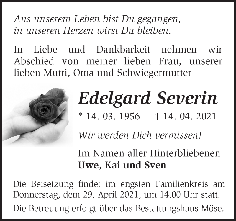  Traueranzeige für Edelgard Severin vom 17.04.2021 aus Märkische Oderzeitung