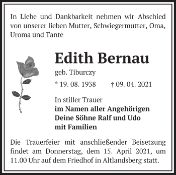 Traueranzeige von Edith Bernau von Märkische Oderzeitung