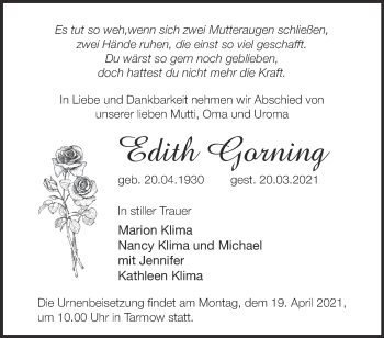 Traueranzeige von Edith Gorning von Märkische Oderzeitung