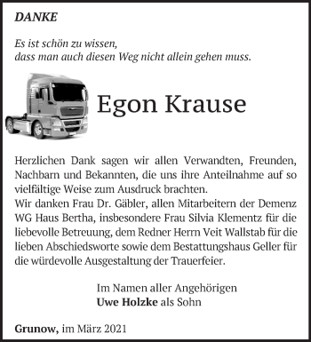 Traueranzeige von Egon Krause von Märkische Oderzeitung