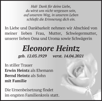 Traueranzeige von Eleonore Heintz von Märkische Oderzeitung