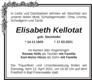 Traueranzeige von Elisabeth Kellotat von Märkische Oderzeitung