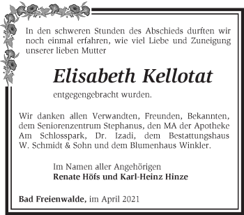 Traueranzeige von Elisabeth Kellotat von Märkische Oderzeitung