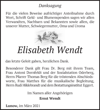 Traueranzeige von Elisabeth Wendt von Märkische Oderzeitung