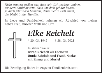 Traueranzeige von Elke Reichelt von Märkische Oderzeitung